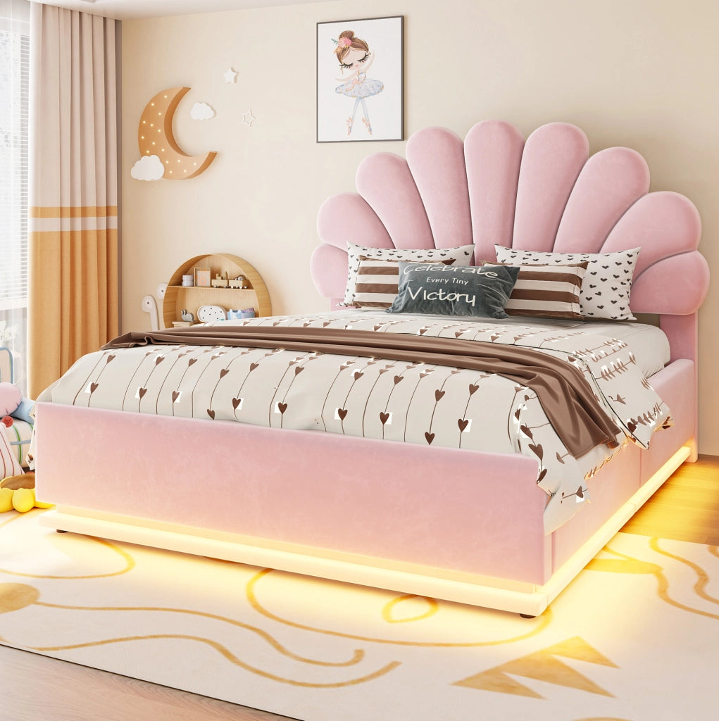 Letto imbottito 140x200 cm in velluto rosa con contenitore; testiera floreale e LED