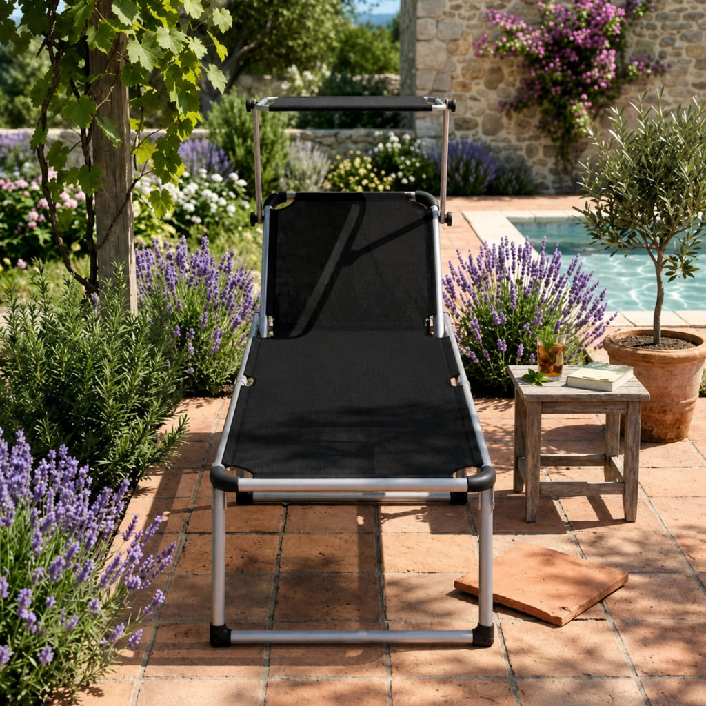 Lettino Pieghevole Prendisole Con Tettuccio Parasole Schienale Reclinabile Regolabile in 6 Posizioni Sedia Sdraio Per Spiaggia Mare Giardino Piscina 187 x 59 x 29 Cm Nero