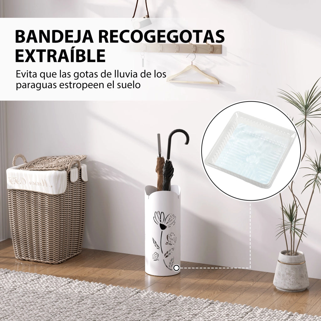 Portaombrelli in Acciaio con 4 Ganci e Bandeja di Drenaggio ¨C zephmum ¨C Bianco 17x17x41 cm