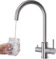 Kraan 3 viei per cucina, filtro acqua per cucina con 2 maniglie, 3-in-1 miscelatore ad alta pressione per cucina, 360° girevole, finitura argentata.