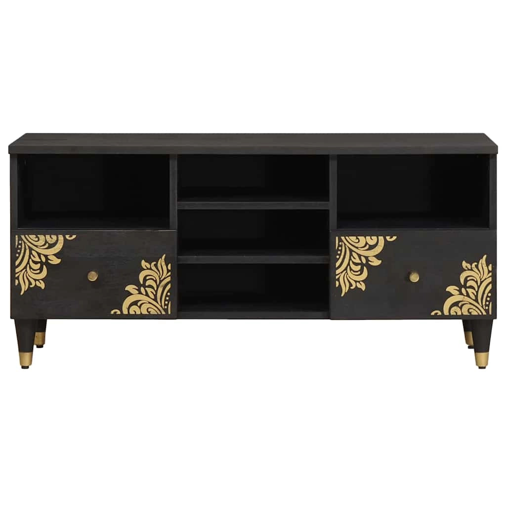 Mobile porta TV moderno dalle linee pulite 100 x 33 x 46 cm pratico contenitore in legno massello di mango nero 02_0057895