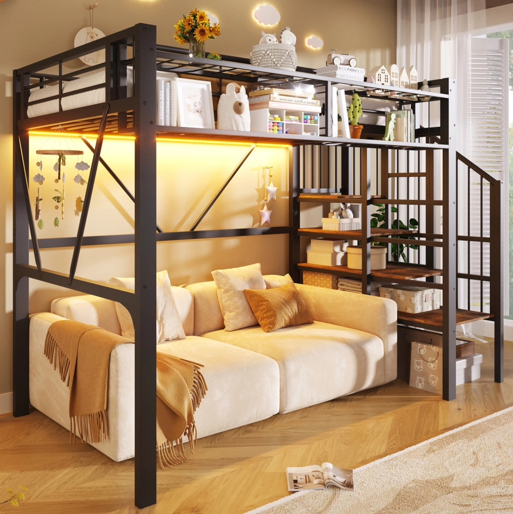 Letto a soppalco 90x200 cm con LED; ripiani a scala in metallo e MDF; nero