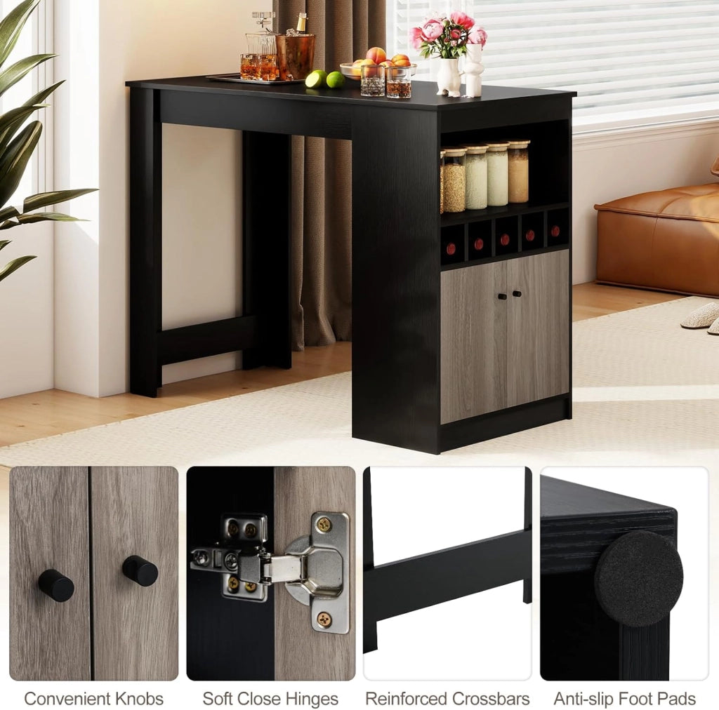 Bancone da cucina con spazio di archiviazione, tavolo da pranzo con portabottiglie e ripiani aperti e porta, bancone da bar, piano alto, tavolo da bar in piedi, in legno, 120 x 60 x 91,5 cm