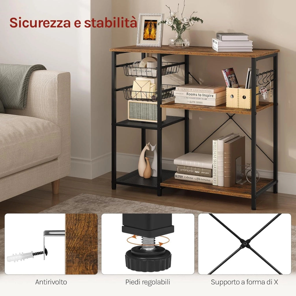 Scaffale da Cucina con 2 Cestelli Estraibili, Supporto per Microonde con 2 Ripiani in Rete Metallica, Scaffalatura Portaoggetti con 5 Ganci, 90x40x82 cm, Marrone Rustico + Nero
