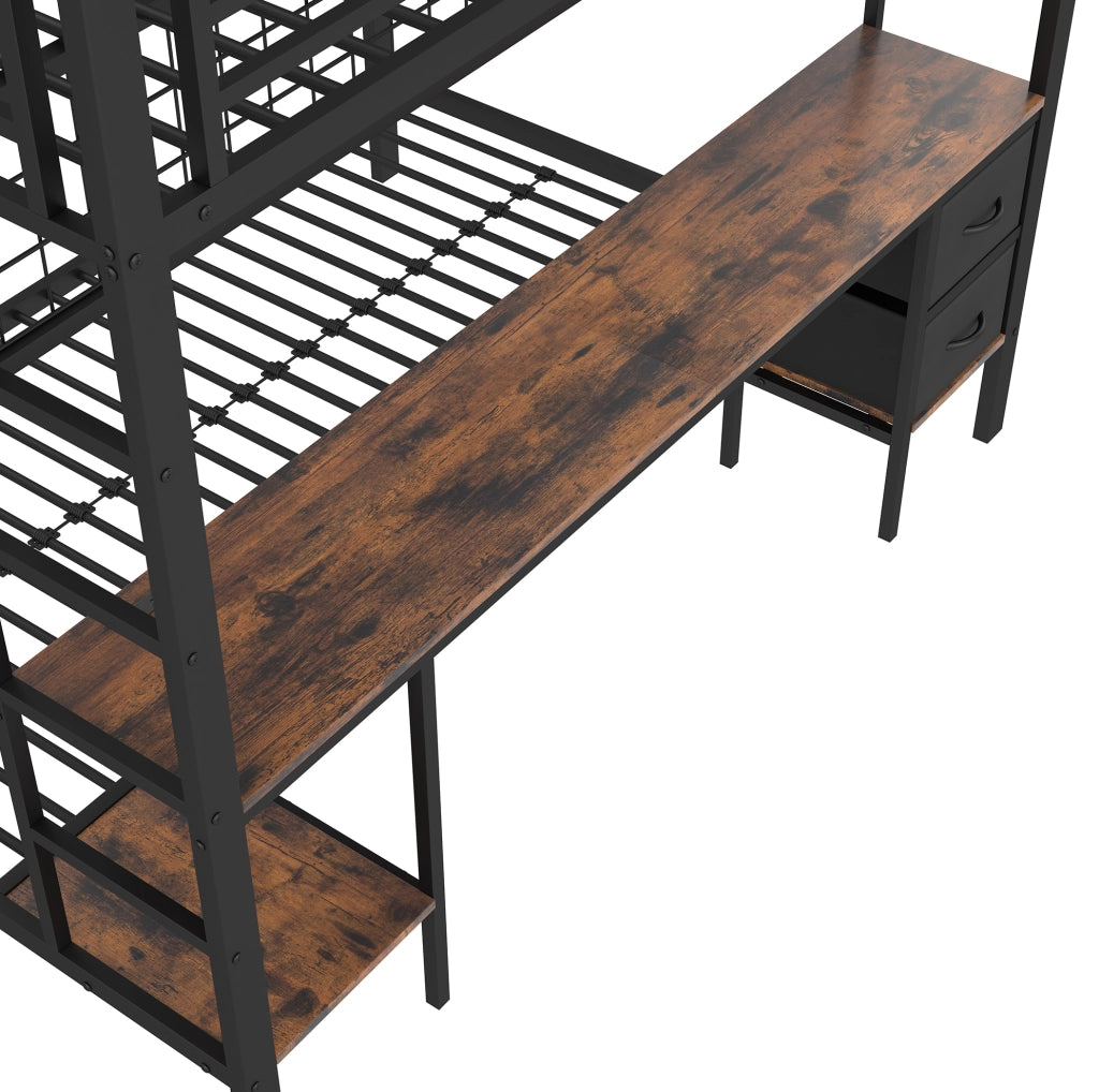 Letto a soppalco 140x200 cm in metallo e MDF nero con scrivania; cassetti; ripiani e LED