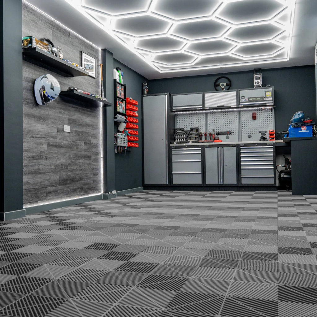 Luci LED Esagonali x 2 & Piastrelle Ventilate per Pavimento Garage x 225 con Bordi - Grigio