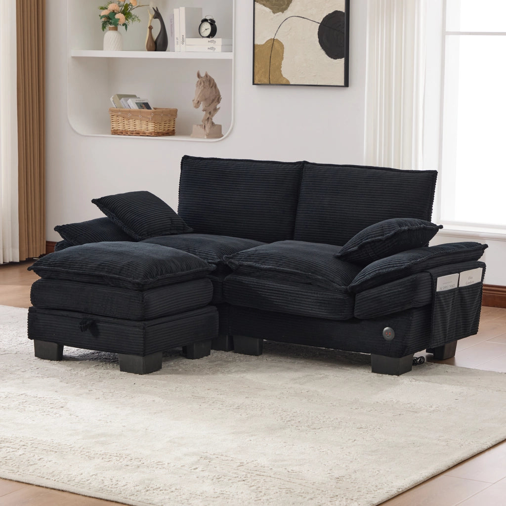 DIVANO 2 POSTI 190x132x84 cm in Corduroy Nero con Pouf