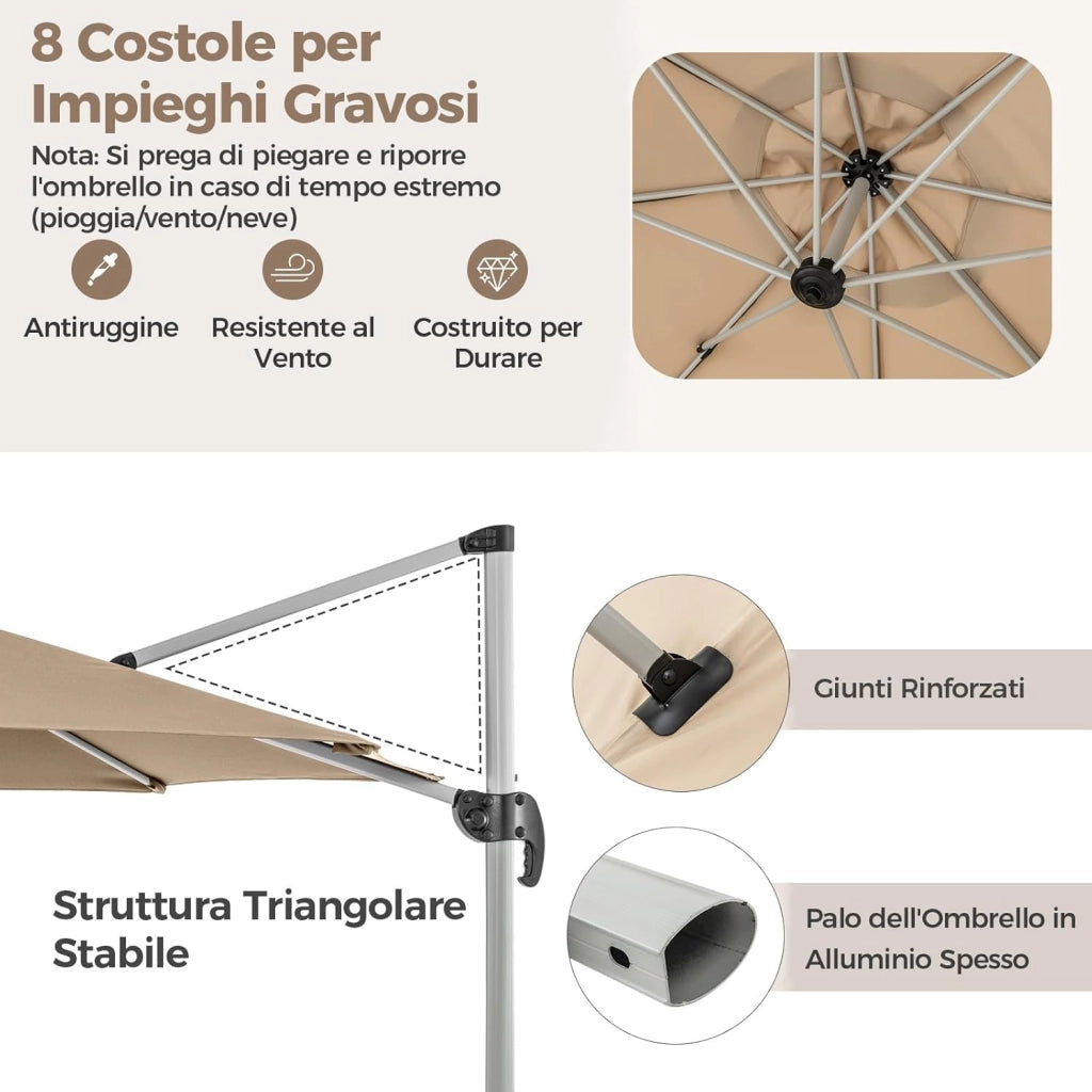 Ombrellone da Giardino 339 cm, Ombrello da Giardino Rotondo con Rotazione a 360°, Ombrellone da Giardino Inclinabile con Base, Ombrello da Sole per Giardino, Patio (Beige)