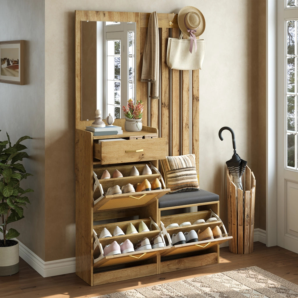 Mobile ingresso con specchio e scarpiera ribaltabile - per ingresso - naturale