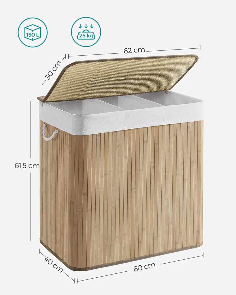 Cesto portabiancheria a 3 scomparti con coperchio e manici cesto portabiancheria pieghevole da 150 litri per lavanderia/camera da letto beige 12_0006665