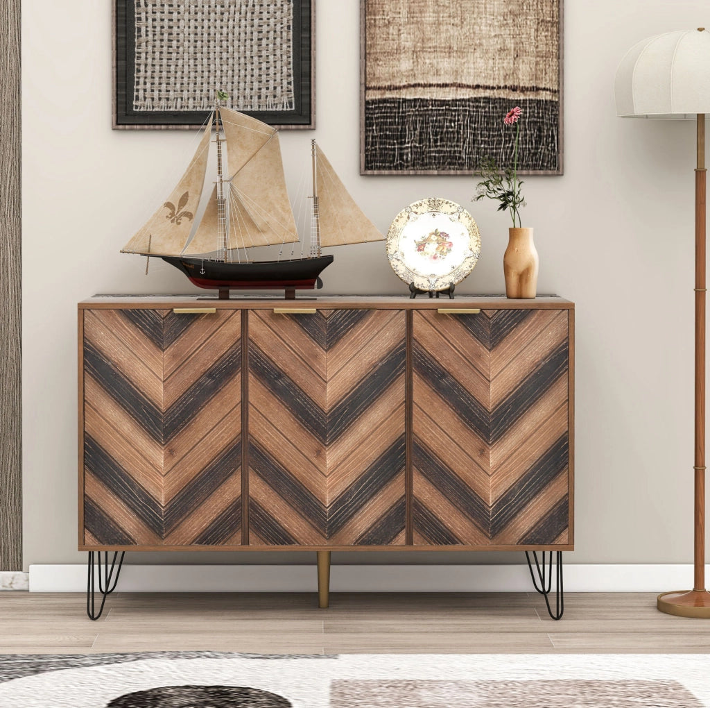 Sideboard 120x38x76.5 cm con 3 ante; piedini in ferro; colore naturale e nero