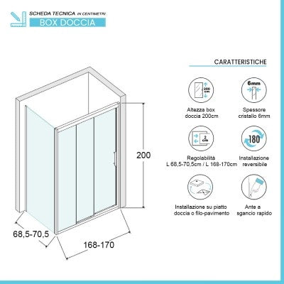 Box doccia 70x170 cm con porta scorrevole trasparente H 200 cm Ted