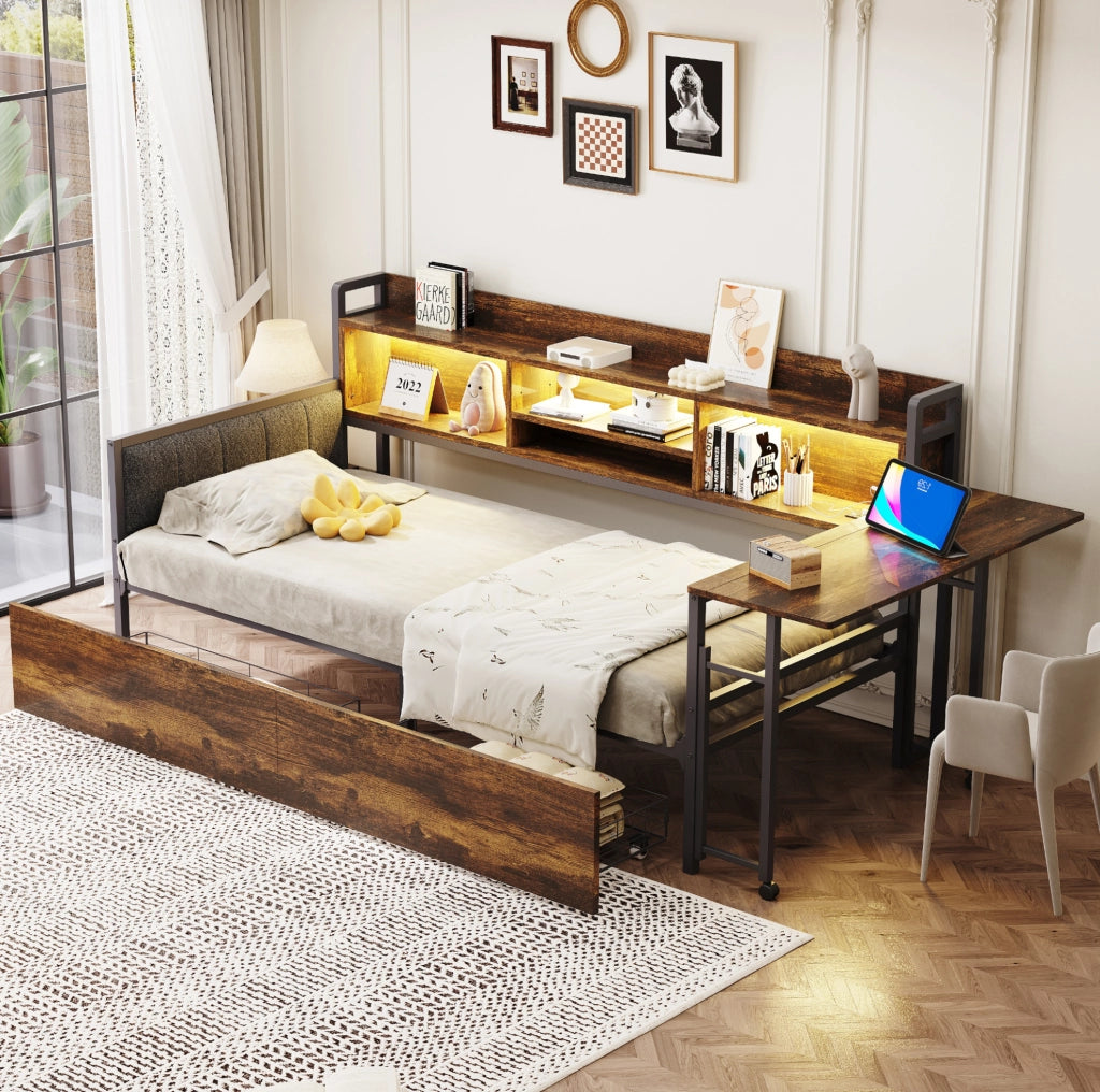 Letto singolo multifunzione 90x200 cm con scrivania, LED, prese e cassetti