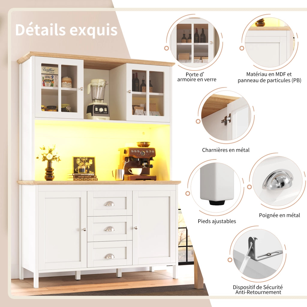 Credenza Alta da Cucina con 4 Ante 3 Cassetti 1 Vano Aperto e LED per Cucina in MDF 120 x 40 x 179 cm Bianco