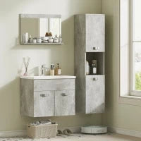kleankin Set Mobili Bagno da 4 Pezzi con Lavabo da 60cm, Mobiletto, Colonna Bagno e Specchiera in Legno, Grigio
