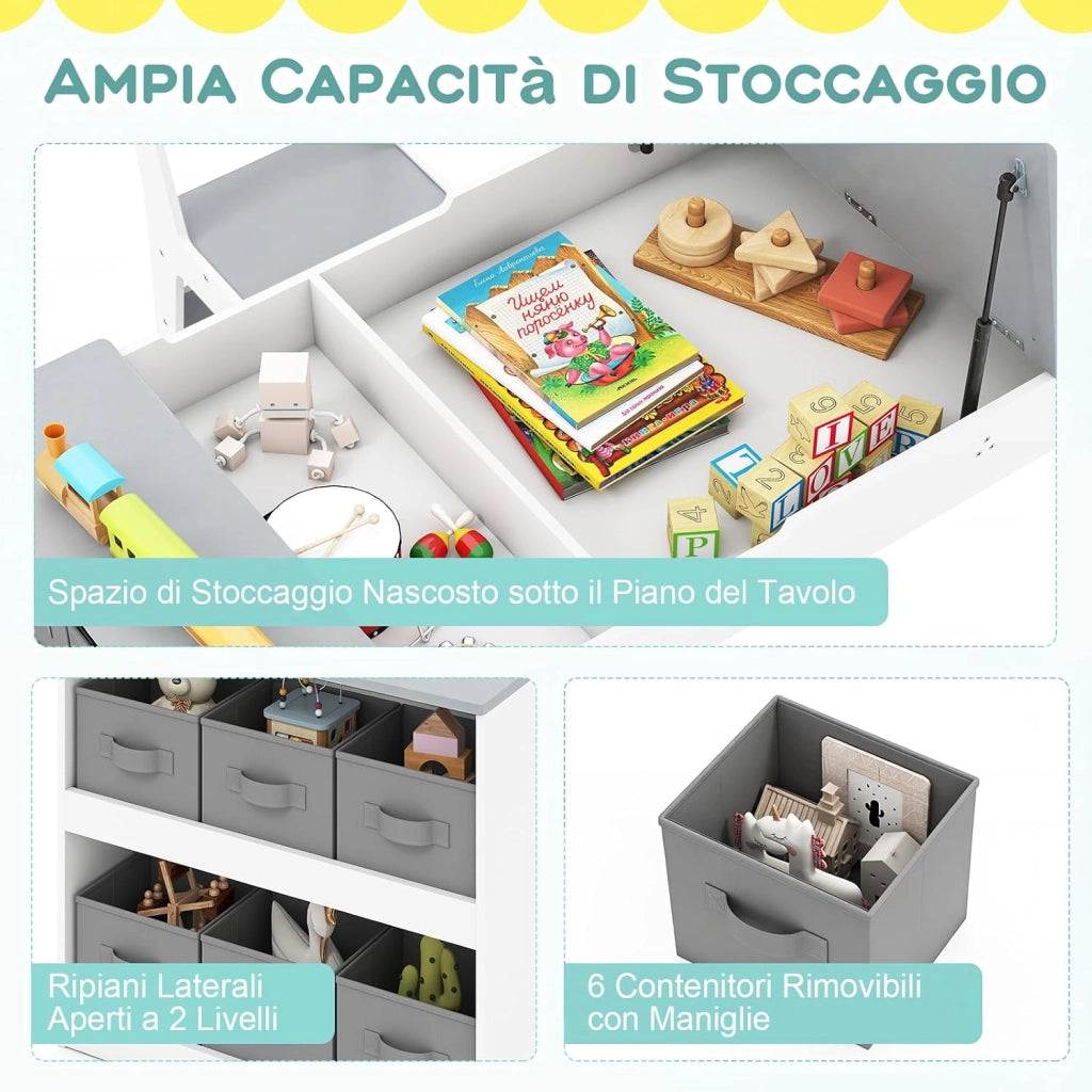 Set Tavolo da Disegno e Cavalletto per Bambini 3+ Anni con 2 Sedie, Tavolo Multifunzione in Legno con Piano Sollevabile, Rotolo di Carta, 6 Bicchieri di Vernice (Grigio)