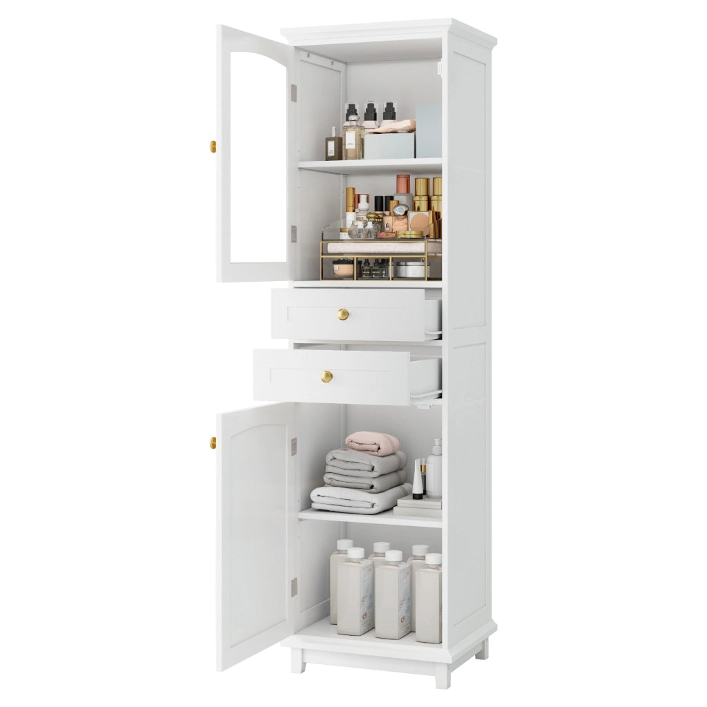 Armadietto da bagno con porta in vetro, 2 cassetti e ripiani regolabili, in MDF e vetro, bianco 45 × 36 × 160 cm