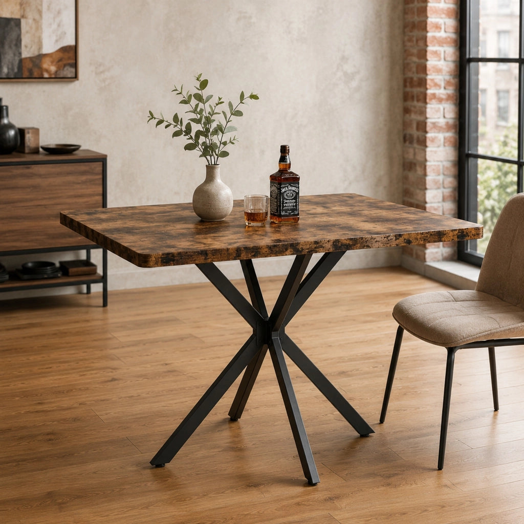 Tavolo da pranzo quadrato con piano in MDF; gambe in ferro e piedini antiscivolo; marrone