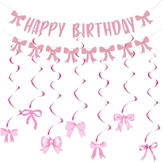 Decorazione di Compleanno Rosa - Bandiera - Rosa Serpenti di Luce - Spire - Set per Ragazze - Materiale Carta - Decorazione di Festa