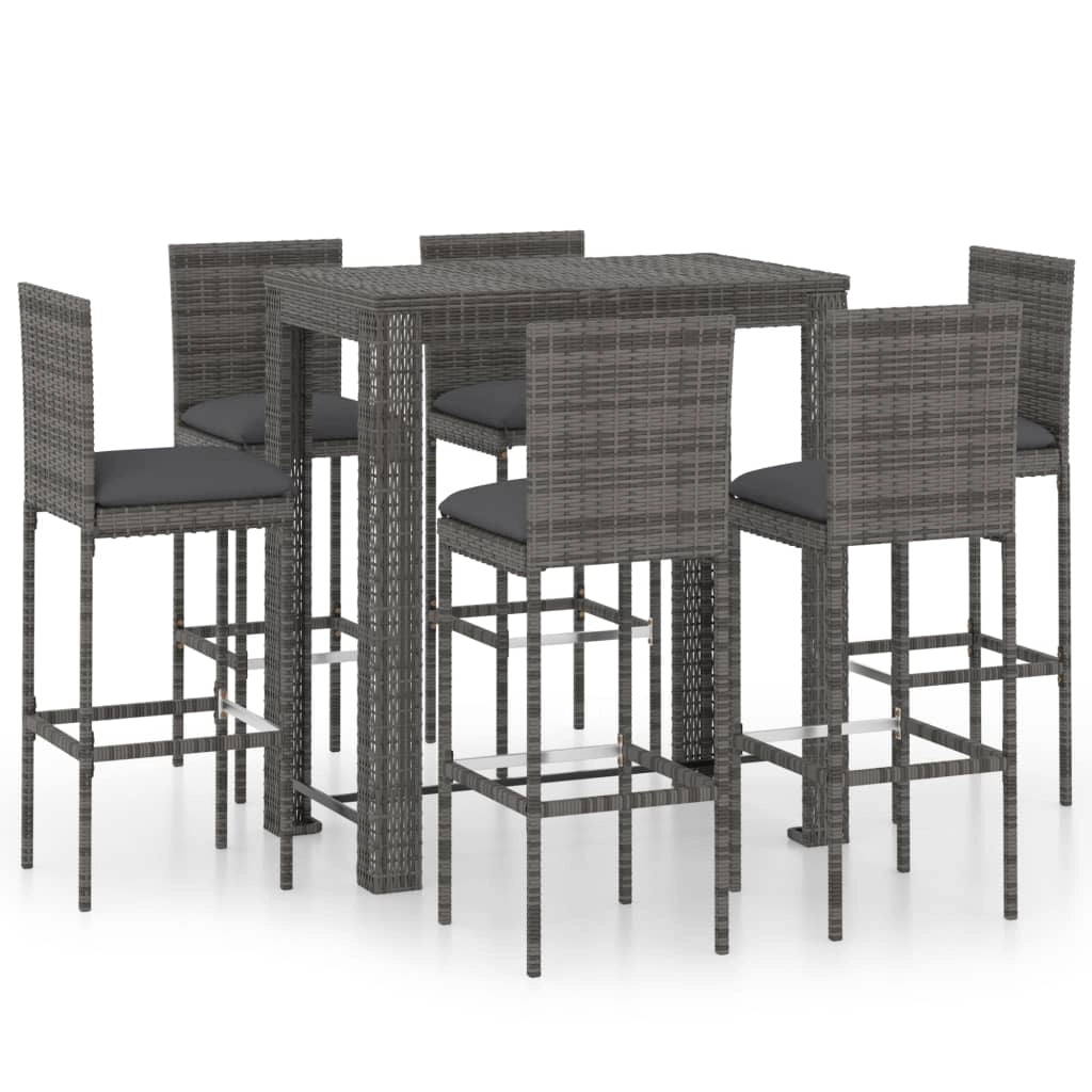 Set da bar da giardino 7 pezzi e cuscini in resina intrecciata grigia 02_0013431