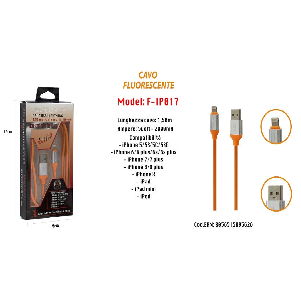 Trade Shop - Cavo Fluorescente Ricarica Per Iphone Ipad Ipod 1,50mt 5volt - 2000ma Maxtech F-ip017 -
