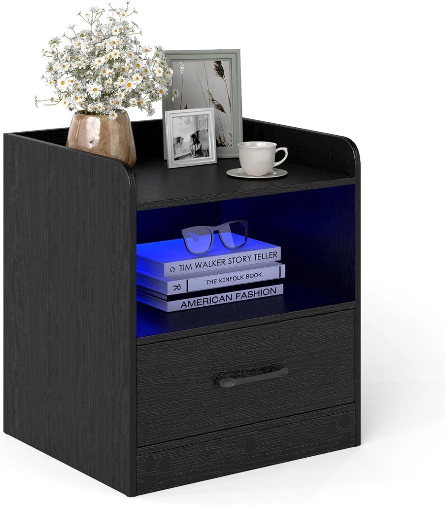 Comodino Camera da Letto con Luce e Luminosità Regolabili, 16 Colori di Luce e 3 Modalità, Telecomando, Tavolino Laterale con Cassetto e Scomparto Aperto per Libri, Piante, Cornici