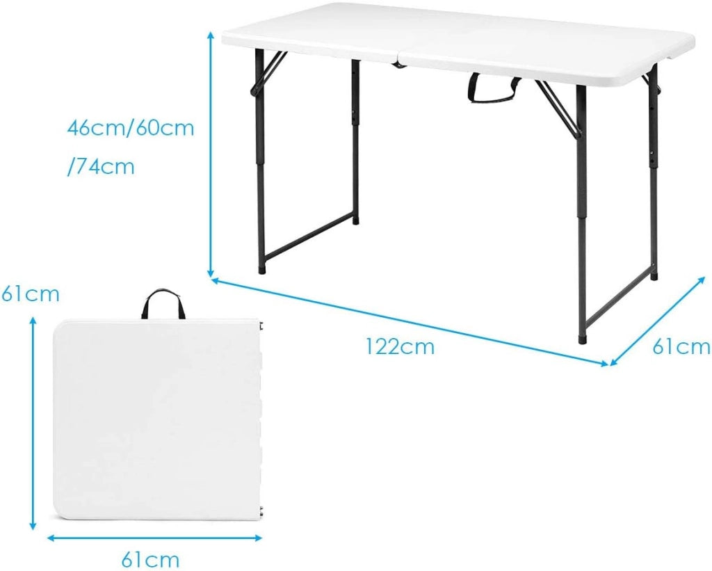 Tavolo da Campeggio Pieghevole, Tavolo da Giardino Portabile con Maniglia di Trasporto e Telaio in Acciaio, Regolabile in Altezza a 3 Posizioni, Portata di 150kg, 122x61x46/60/74cm, Bianco