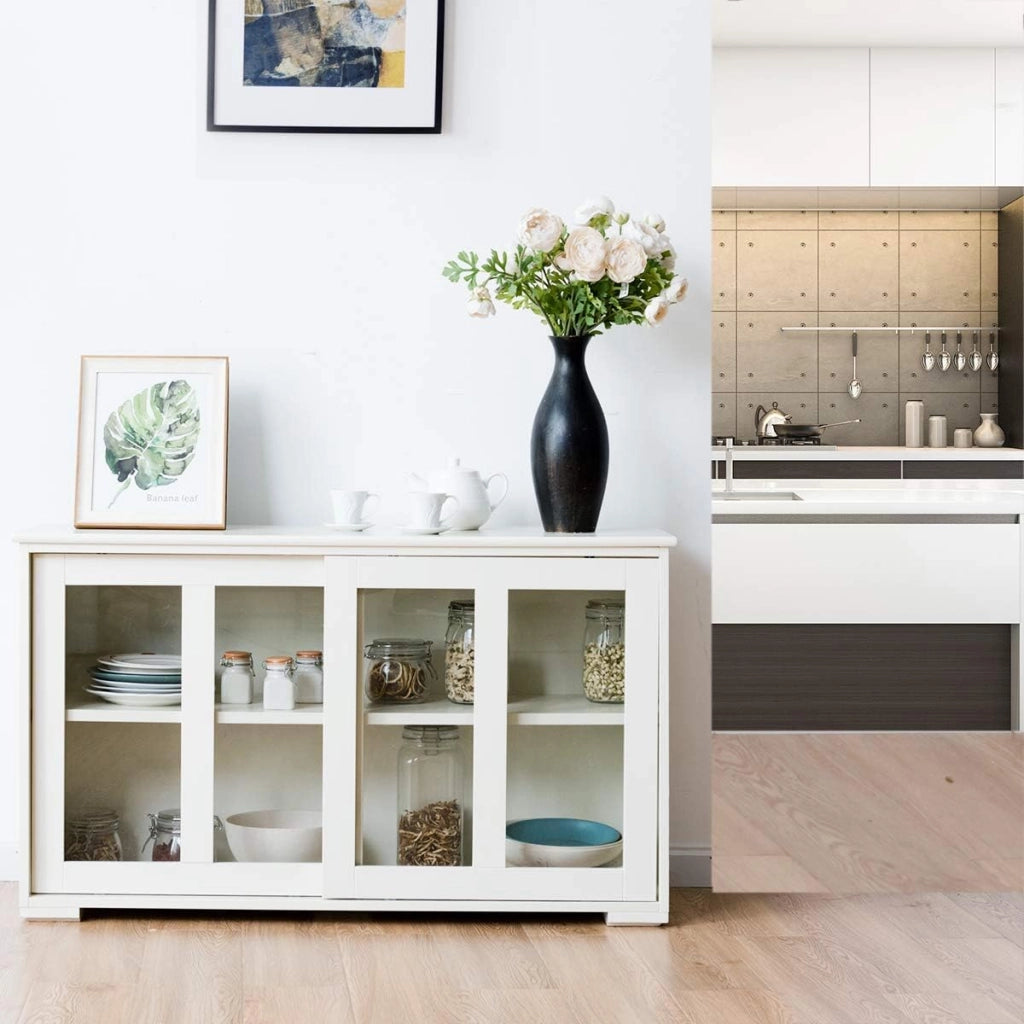 Armadietto da cucina in MDF, Mobile laterale multiuso con ante scorrevoli 106,5x33x62,5cm Bianco-Credenze buffet
