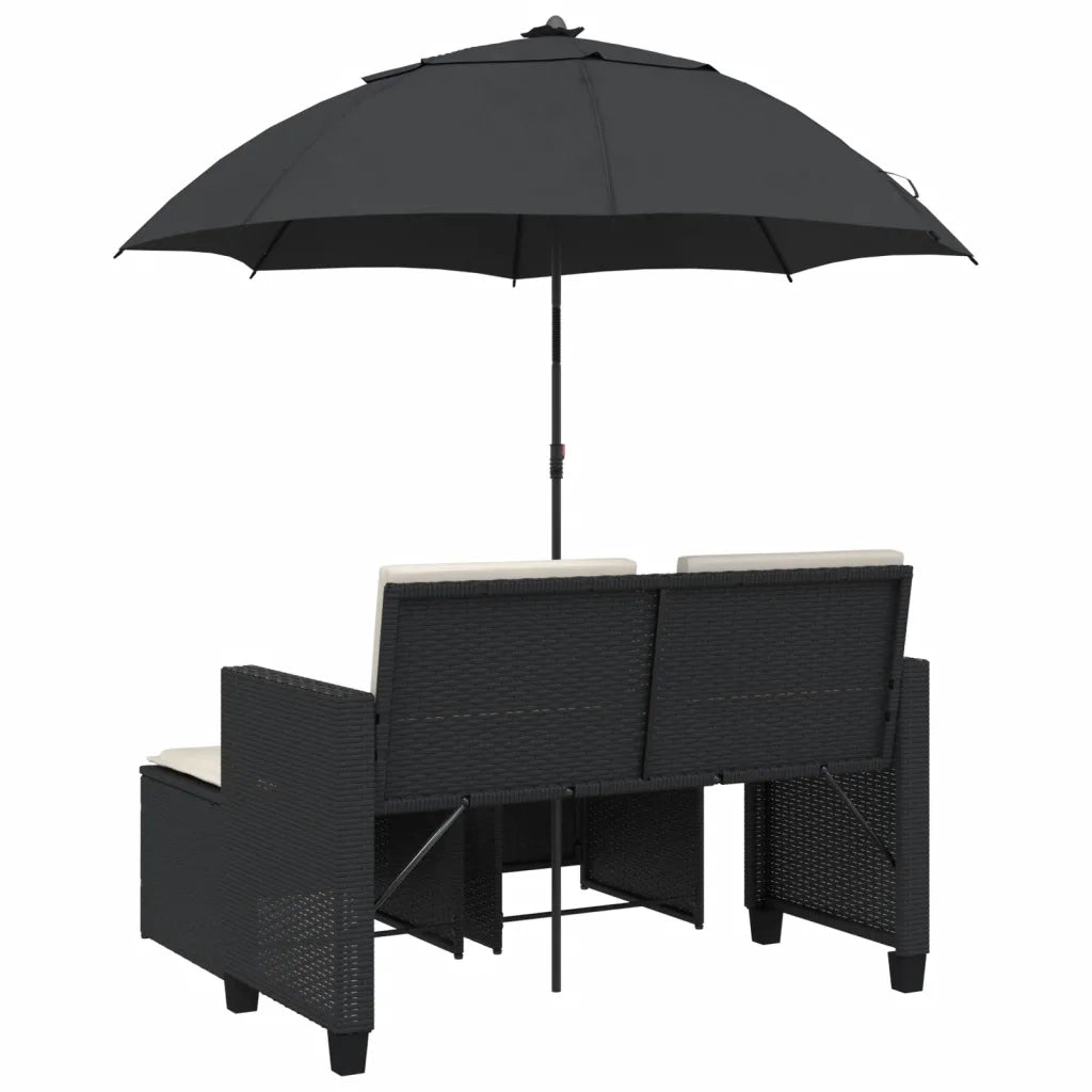 Divano Giardino 2 Posti Ombrellone e Sgabelli Nero Polyrattan
