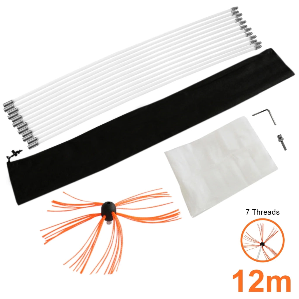 Scovolo Spazzacamino per Trapani Avvitatori con Adattatore Spazzola Camino Canna Fumaria Ciminiera Asta Nylon Flessibile con 6 Spazzole da 7 Setole - 12m