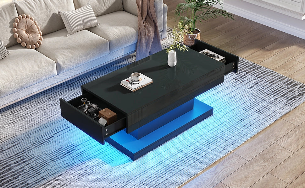 Tavolino da Caff¨¨ con LED e 2 Cassetti ¨C MINIMAL ¨C Nero Lucido, 100x50x45