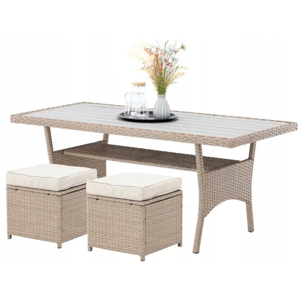 Salotto da giardino ad angolo LIVANA con tavolo e 2 pouf beige e marrone chiaro
