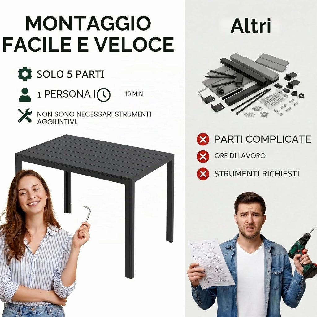 Tavolo da Giardino 110x70 cm, Tavolo da Terrazzo in WPC per 4-6 Persone, Tavolo da Balcone Resistente alle Intemperie con Telaio in Alluminio, Design Effetto Legno,Nero