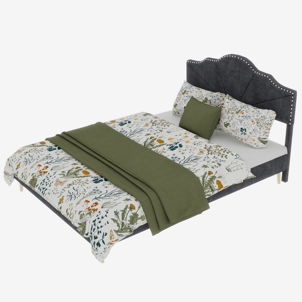 Letto Matrimoniale 140x200 cm con Testiera geometrica in Tessuto e Metallo Grigio