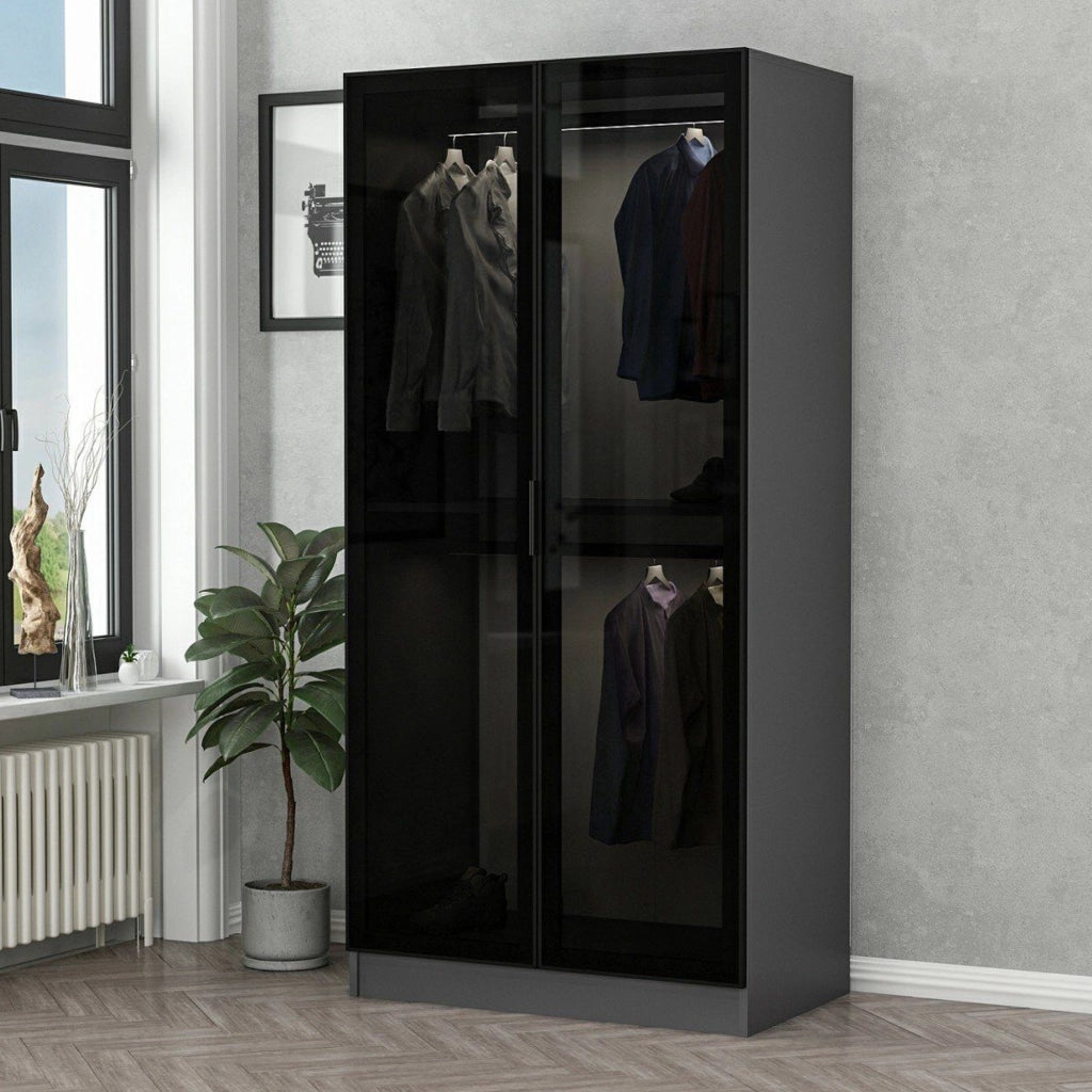 Armadio Camera da Letto Moconesi, Guardaroba 2 Ante Appendiabiti, 90x210h cm Nero Antracite