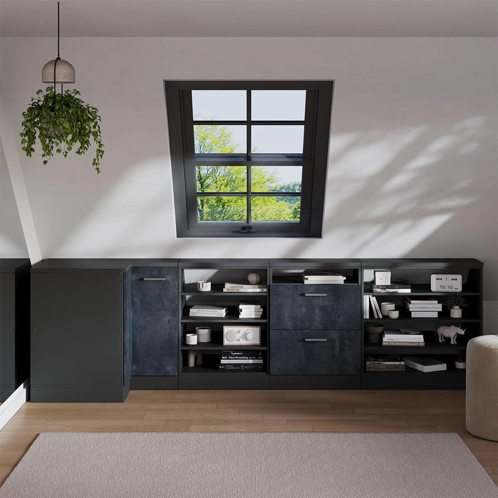 Mobile sottotetto Mobile angolare Rion, Calcestruzzo nero, 75.6 x 81.6 cm con 1 porta, carcassa dell’armadio profondità 60 cm, adatto per il salvaspazio sotto tetti spioventi