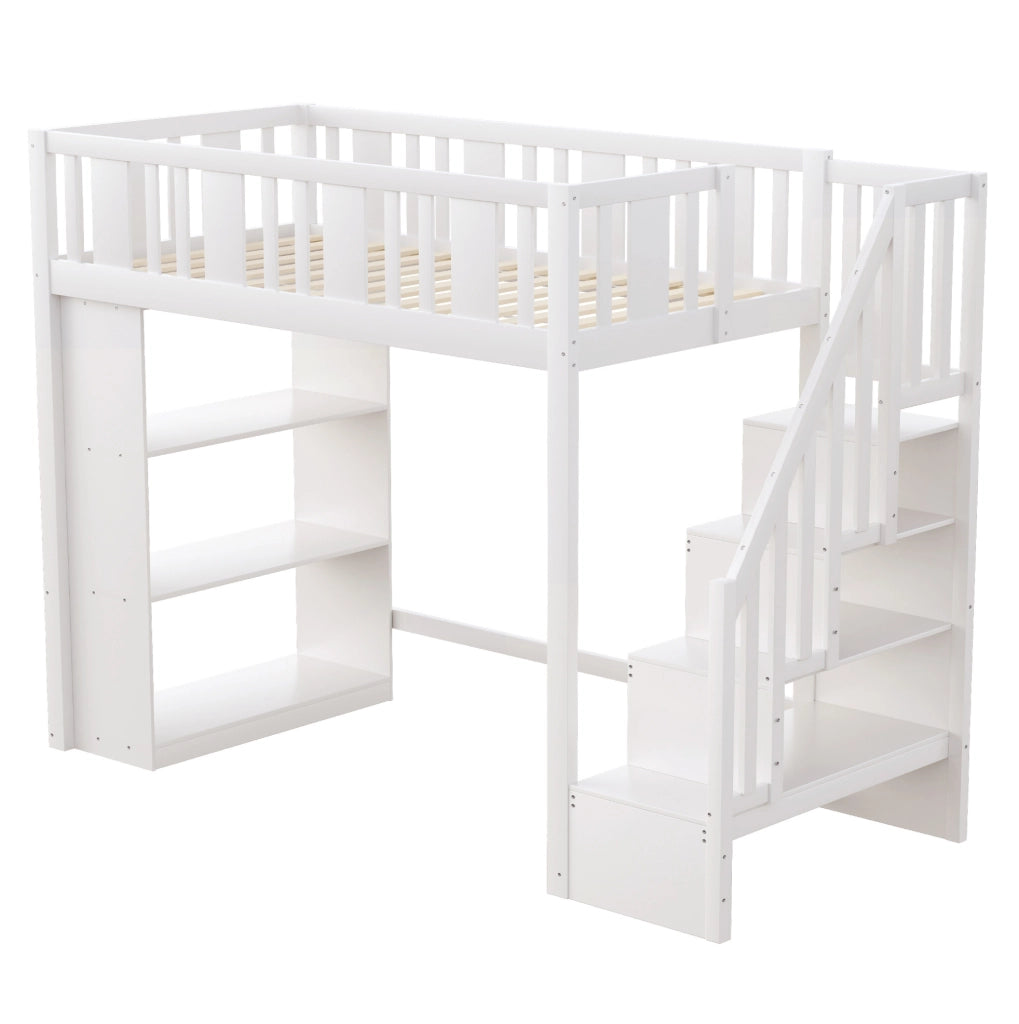 Letto a soppalco 90 x 200 cm con scala contenitore e ripiani