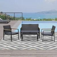 Set 4 Pezzi Salotto da Esterni con 2 Sedie, Divano e Tavolino Mobili da Giardino in Rattan e Acciaio Nero