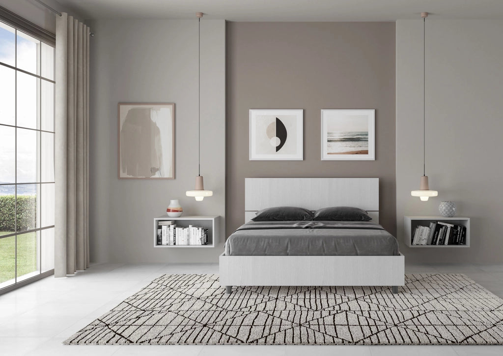 Letto Matrimoniale Francese 140x190 cm con Rete Testata Inclinata in Nobilitato Demas Bianco Frassino