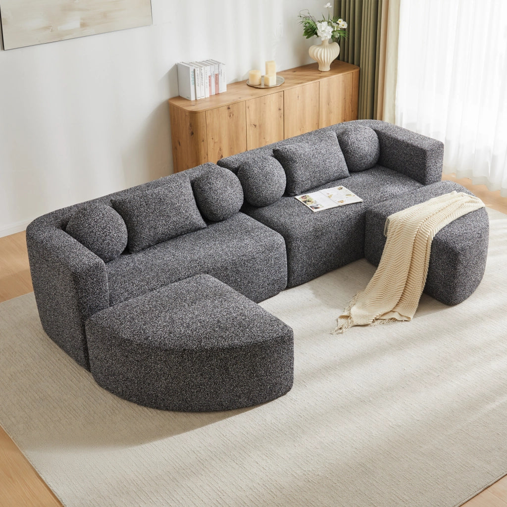 Divano modulare in chenille nero con funzione letto, struttura compressa, senza montaggio, 292 x 165 x 68 cm