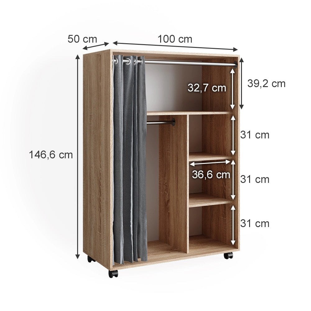 Vicco Armadio multifunzione Sonoma 100 x 146.6 cm aperto, su rotelle