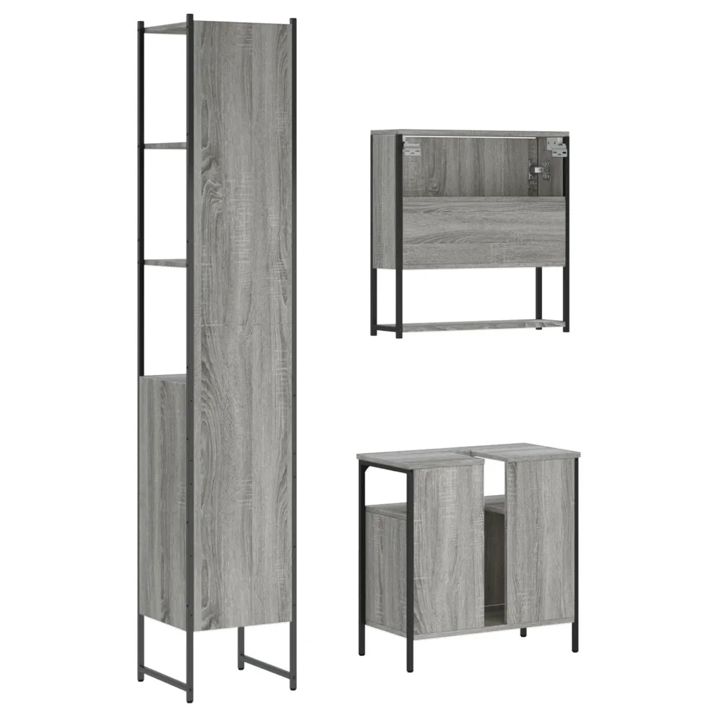Set Mobili da Bagno | Armadio da bagno 3 pz Grigio Sonoma in Legno Multistrato