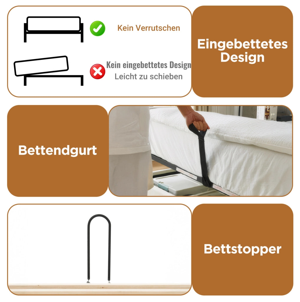 Letto imbottito 140x200 cm con LED, vano contenitore e testiera L