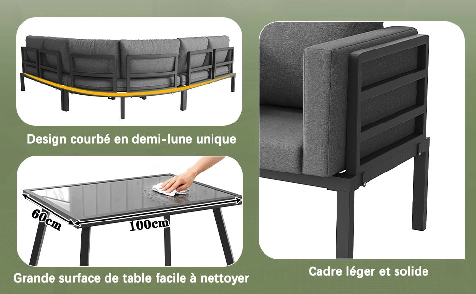 Set da giardino a mezzaluna per 8 persone - Zephmum - Struttura in ferro robusta, cuscini grigi, tavolo in vetro, 1 poltrona e 2 sgabelli