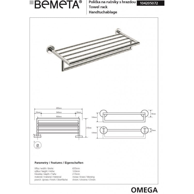 Mensola, mensola portasalviette OMEGA ottone cromato 65,5x12x21,5cm