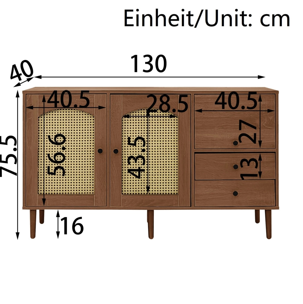 Credenza country con ante in rattan, 130x40x75,5 cm