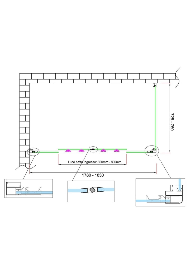 Box doccia 6 mm H 190 parete fissa e porta a 4 ante con apertura centrale MISURA 72,5-75 ANTA FISSA + PORTA 178-183