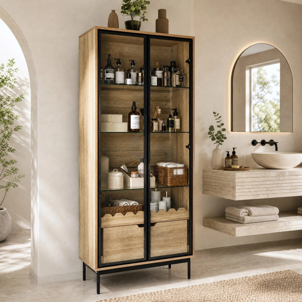 Vetrina con anta in vetro e cassetto, ripiani regolabili, decorazione a onde, per soggiorno bagno e ingresso