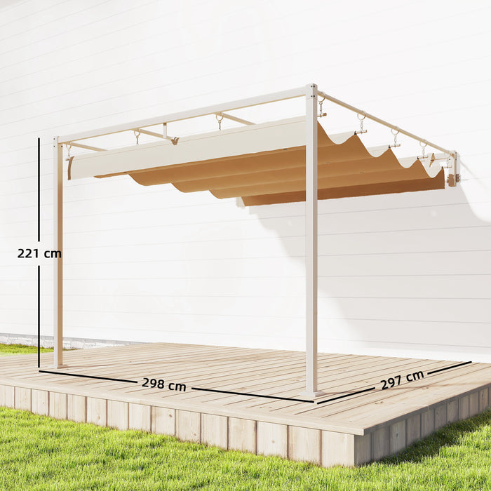 Pergola Addossata 3x3 m con Tetto Retrattile Scorrevole UV30+ e Fori di Drenaggio Beige