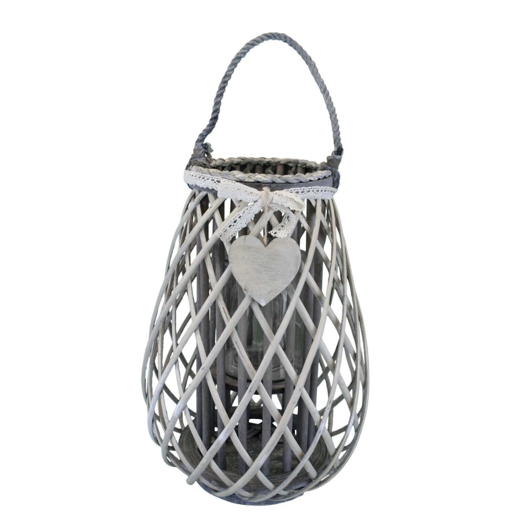 LANTERNA EDWIGE REALIZZATA IN VIMINI CON DECORO CUORE GRIGIO
